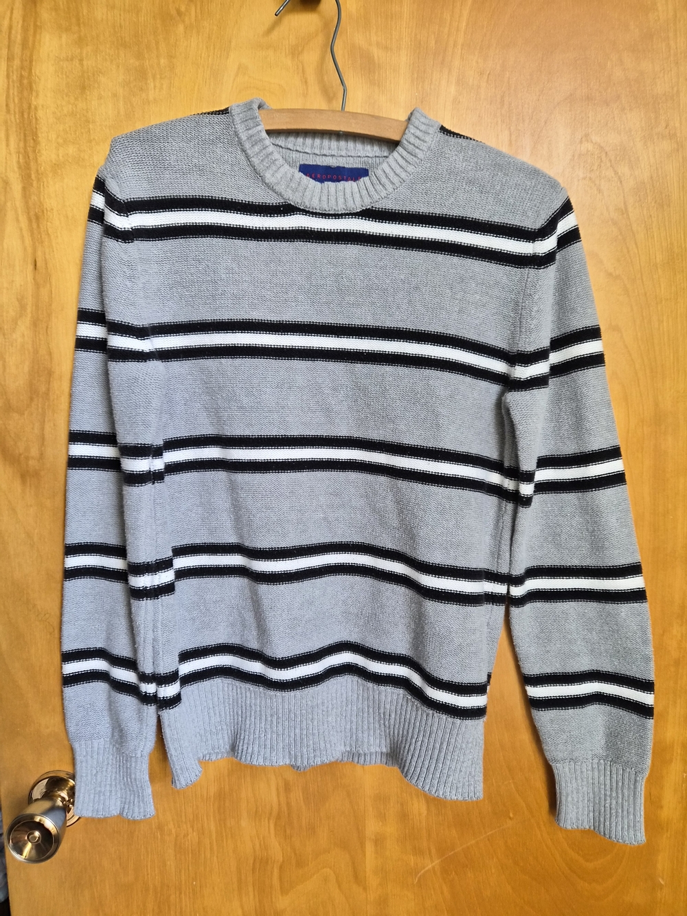 Aeropostale Gray Crewneck Sweater with Black and White Stripes